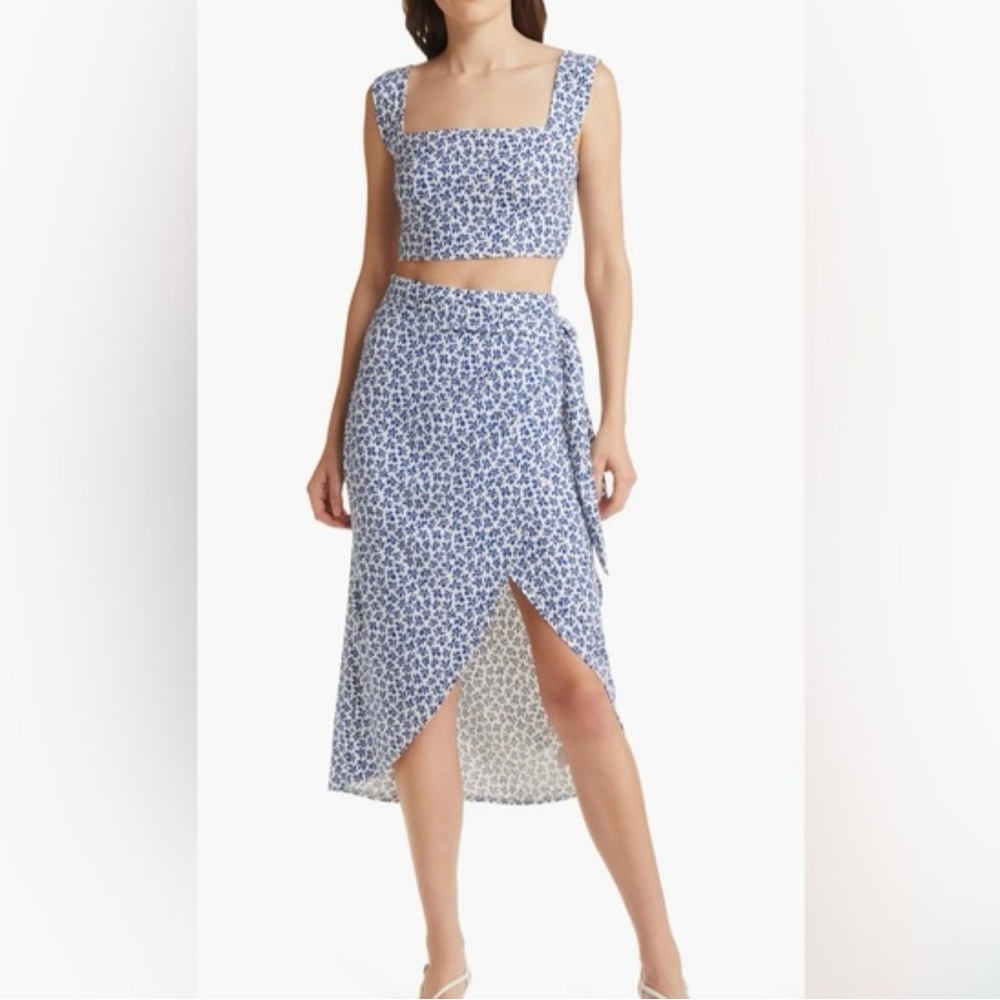 Reformation Rika Crop Top & Wrap Skirt Two-Piece Set in Bombay Blue/White SZ XL